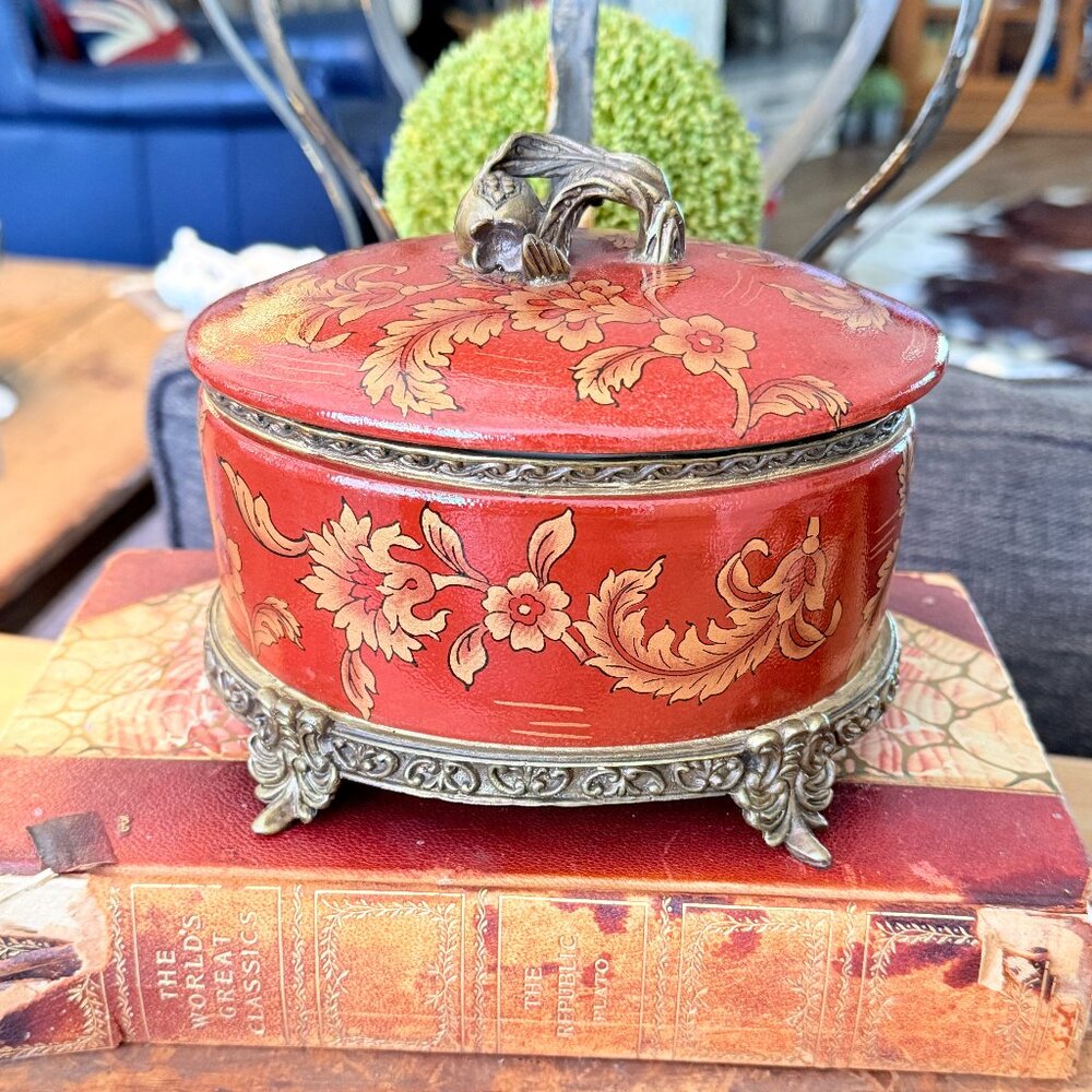 Large Vintage Porcelain and Brass Oval Trinket Box in Rust and Gold